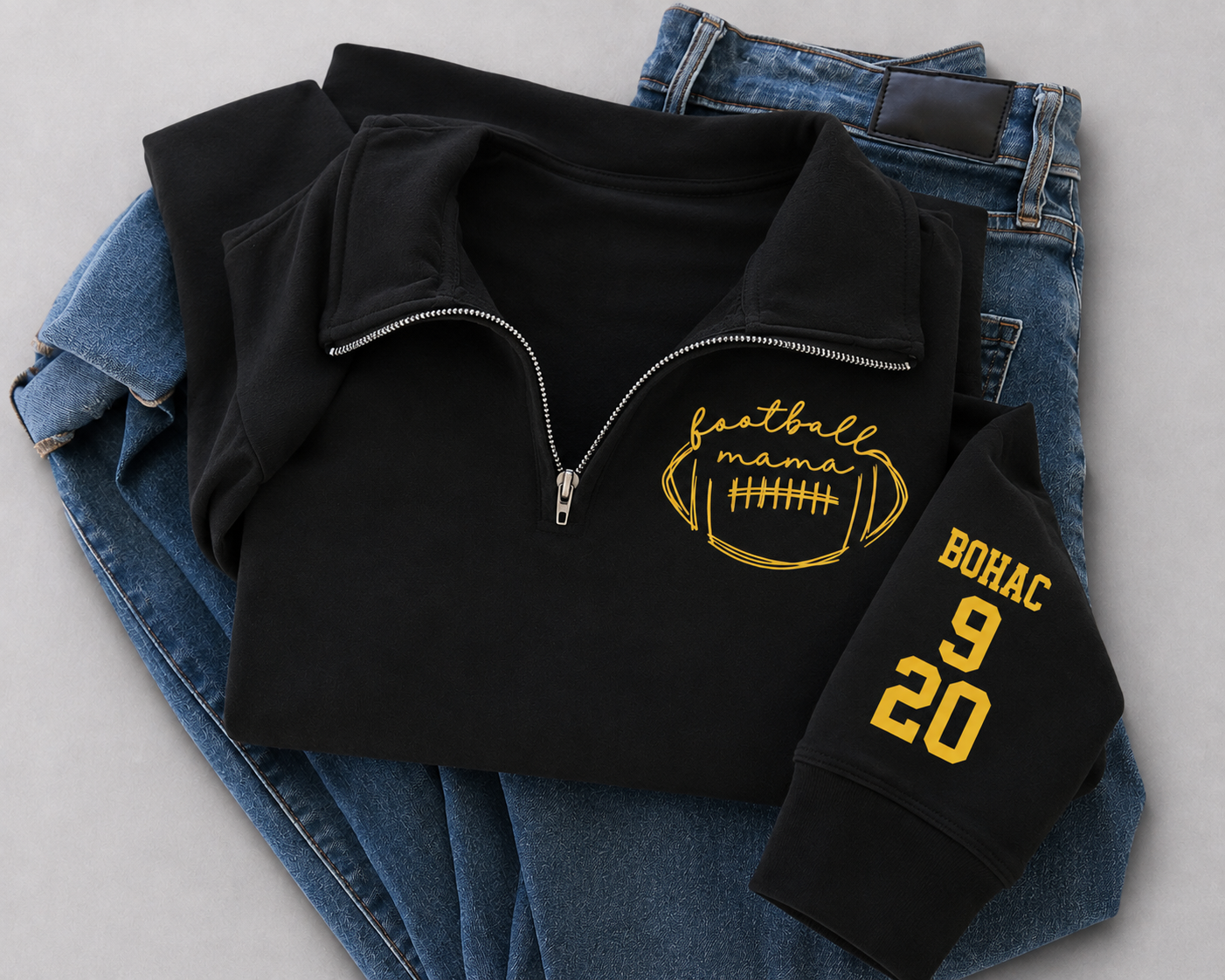 Personalized Football Mama Quarter-Zip Pullover | Custom Sleeve Name & Jersey Number
