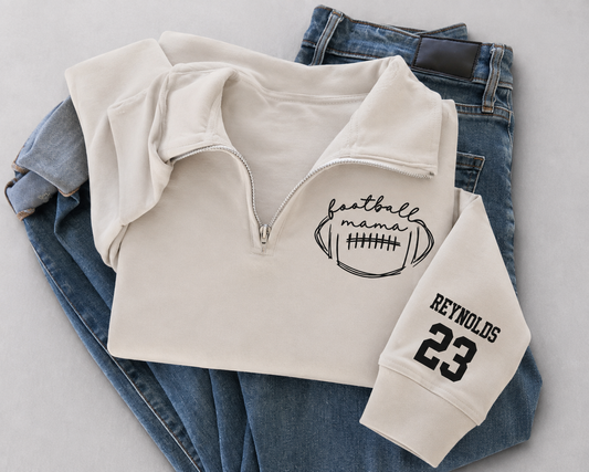 Personalized Football Mama Quarter-Zip Pullover | Custom Sleeve Name & Jersey Number
